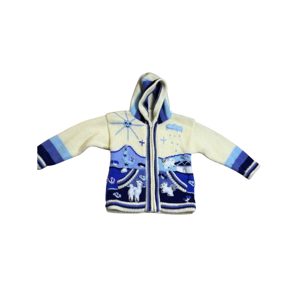Kids Wool Knit Hooded Zip Up Sweater Lama Cream Blue Sun Cloud Sz 18-24 months